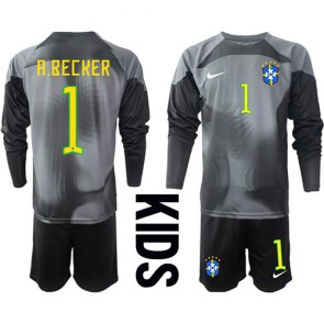 Lacne Dětský Futbalové dres Brazília Alisson Becker #1 Brankarsky  MS 2022 Dlhy Rukáv - Domáci (+ trenírky)
